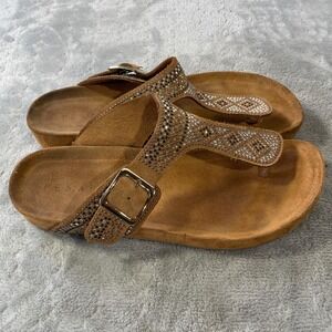 Pesaro Sandals Womens 9 Tan Brown Claire Rhinestone Thong Buckle Slides Comfort